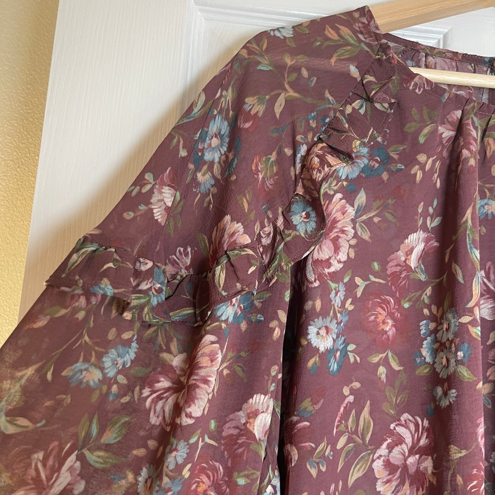 Torrid Chiffon Long Sleeve Crew Neck Ruffle Blouse Sz 3X 22-24 Burgundy‎ Floral - Picture 6 of 12